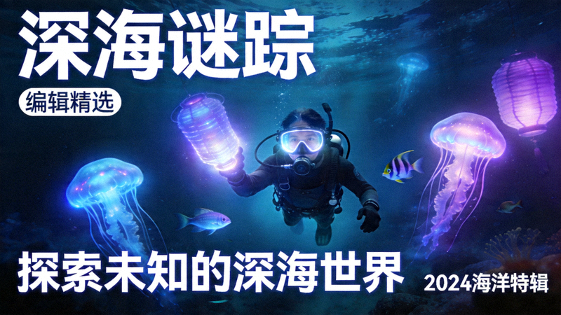 编辑精选《深海谜踪》横版海报，展现神秘的海底发光生物与潜水员